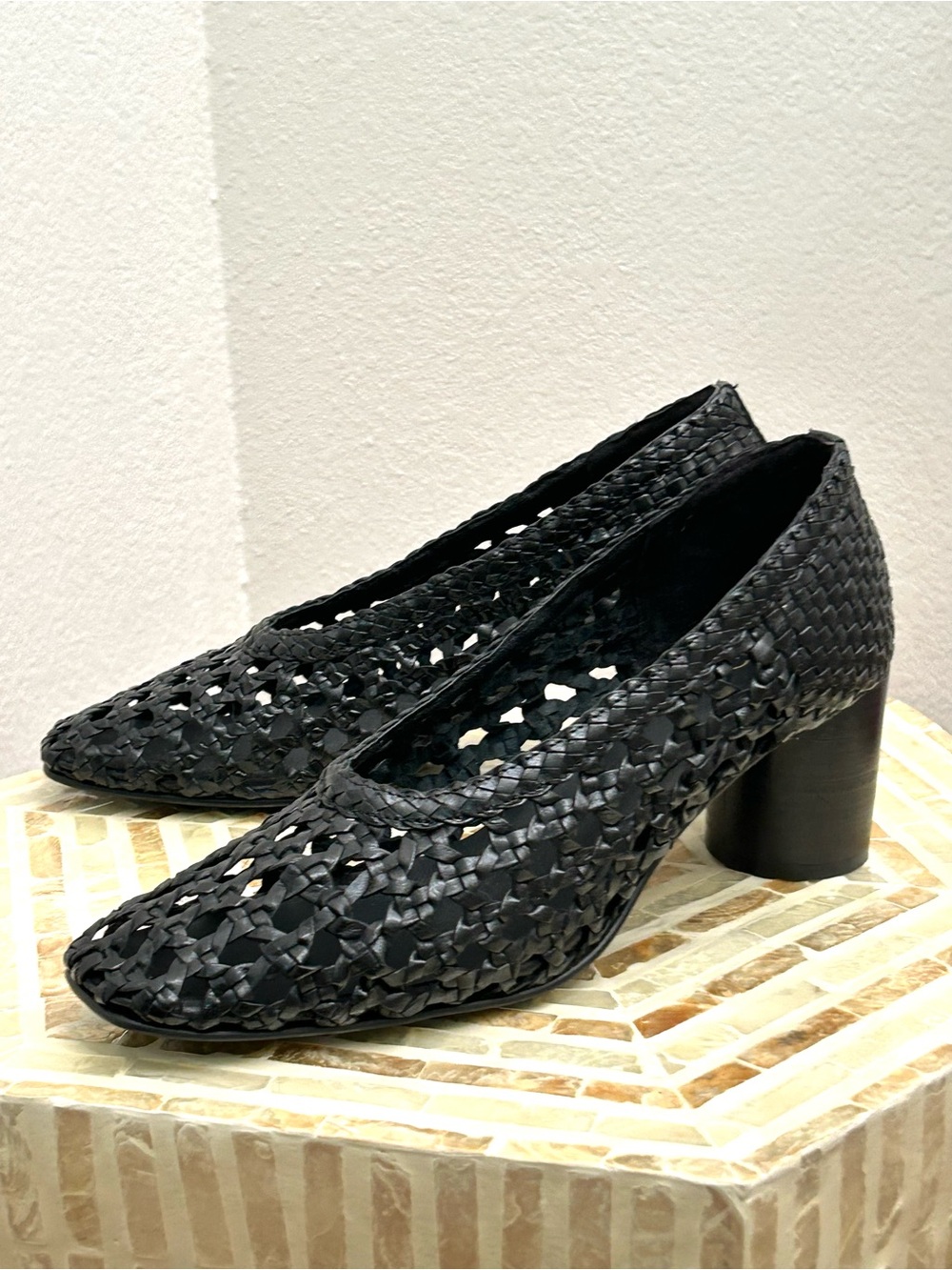 Anthropologie Ballet Black Woven Mid-Spool Heel Pumps
